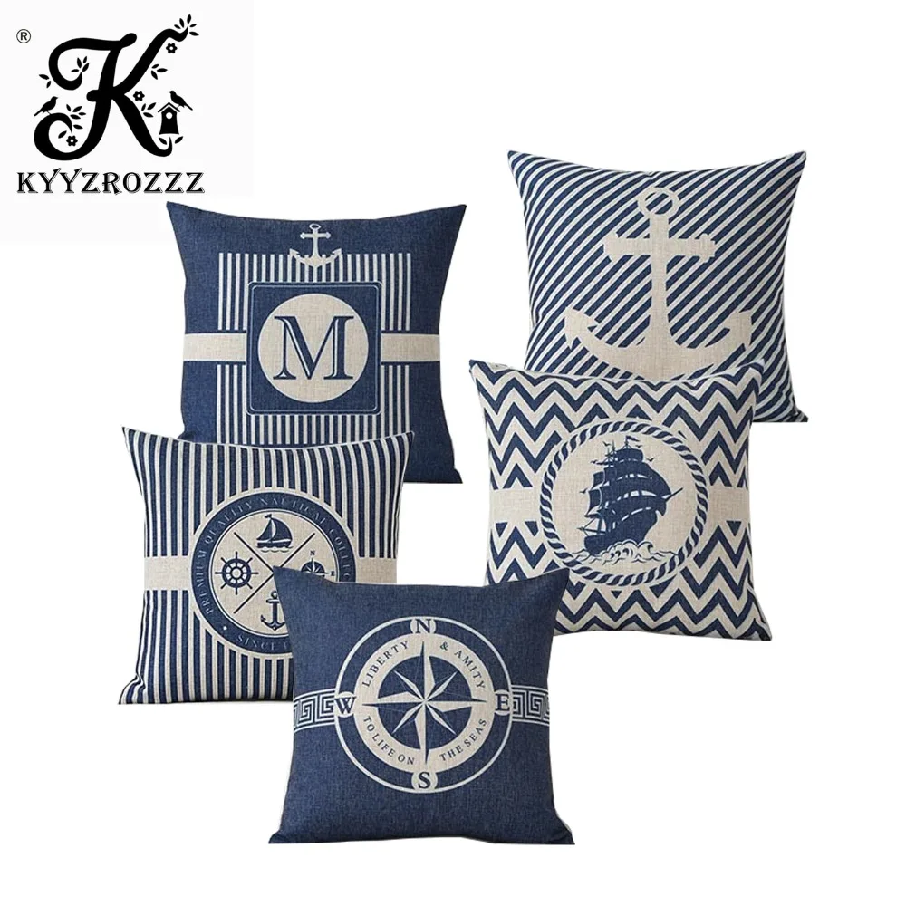 

Sea Blue Compass Printed Cushion Cover Anchor Pattern Marine Ship Throw Pillow Case Decorative Pillowcase Cojines Almofadas