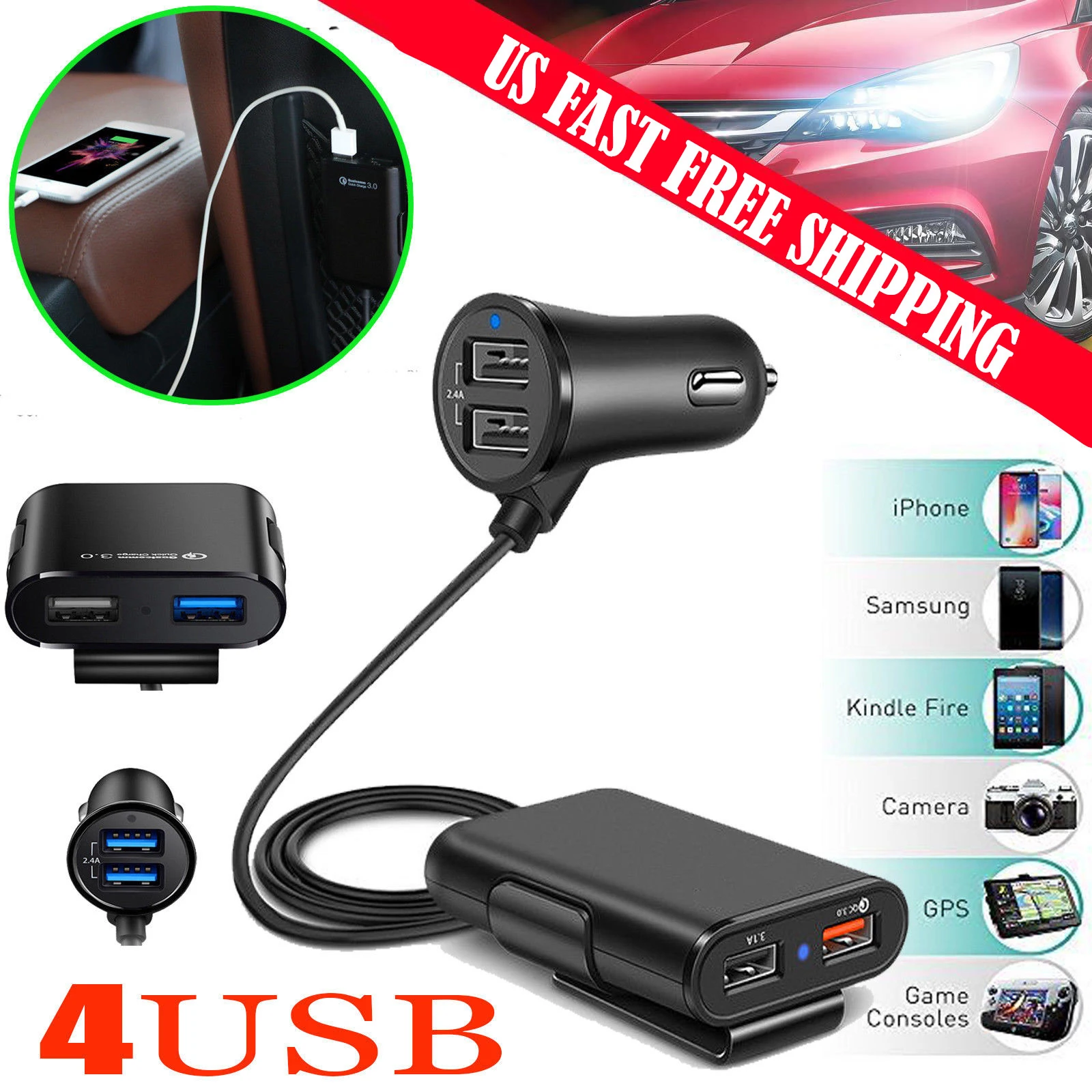 Powstro Fast Car Charge 3.0+2.4A+3.1A 4 USB Parts with 5.6ft Extension Cord Cable Mobile Charger Adapter for Back Seat Charge