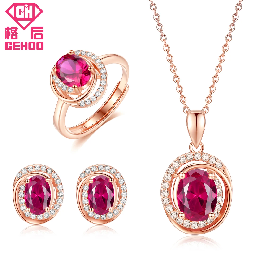 

GEHOO Red Stones Jewelry Set Ruby Paved CZ Pendant Unique Design 925 Sterling Silver Women Charm Necklace & Stud Earrings & Ring