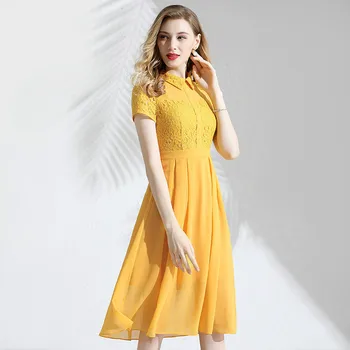 

Yellow Dress Summer Women 2019 New Polo Collar Short Sleeves Lace Patchwork Chiffon Slim A-Line Elegant Dress Knee Length M-XXL