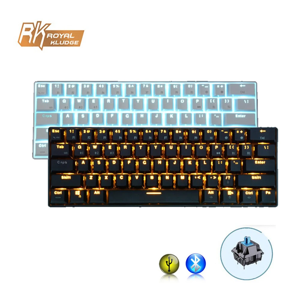 

RK61 Wired Wireless Mechanical Gaming Keyboard 61 Key Bluetooth 3.0 Multi-Device Blue Switch LED Backlit Rechargeable Battery