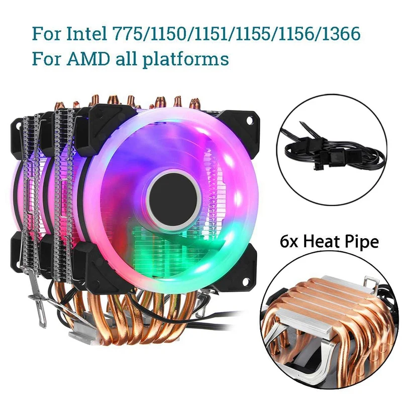 6 Heatpipes Cpu Cooler Fan With Rgb Dual-Tower Radiator 9Cm Fan Cooling Heatsink For Intel 775/1150/1151/1155/1156/1366 For Am