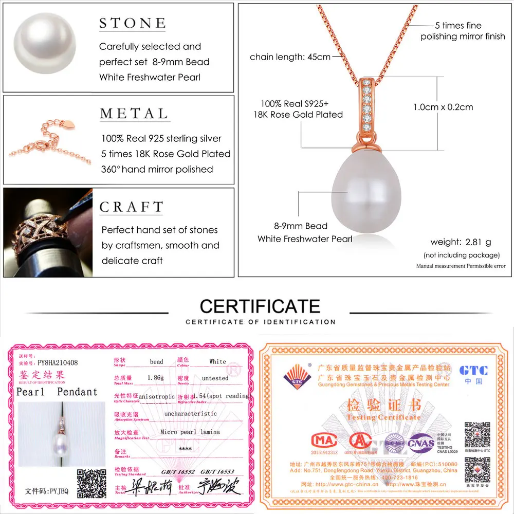 Lamoon Bijouterie 8mm 100% Natural Freshwater Pearl 925 sterling-silver-jewelry Pendant Necklace For Women Fine Jewelry NI047