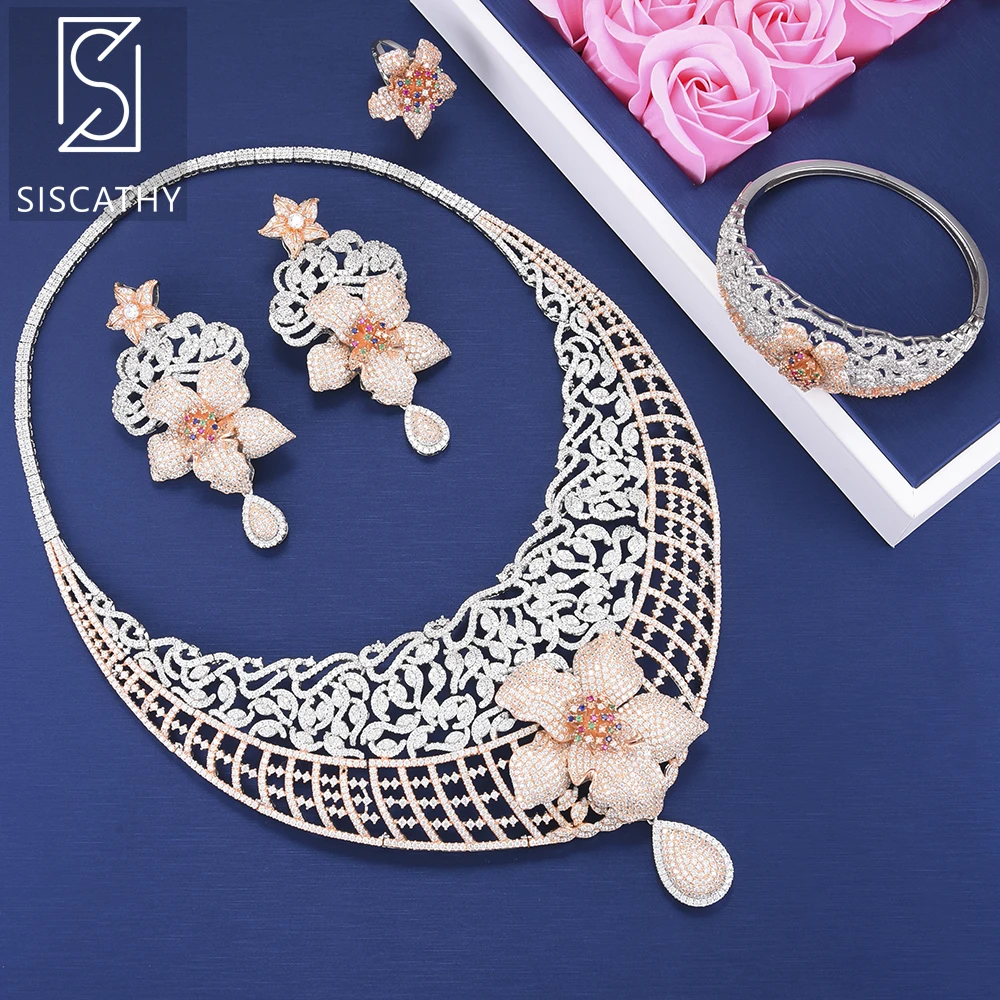 

Siscathy 4PCS Statement Flower Hollow Women Bridal Wedding Jewelry Collar Necklace Dangle Earrings Bangle Ring Jewelry Sets
