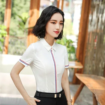 

Summer Elegant White Slim Fashion Short Sleeve Blouses & Shirts Female Tops Clothes Women Work Wear Blouse Plus Size OL Styles