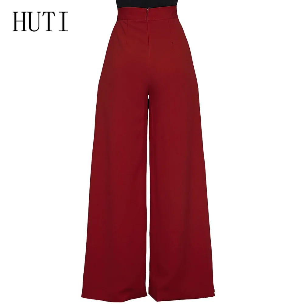 HUTI Summer High Waist Wide Leg Pants Women Bottoms High Elastich Loose Red Blue Pants Casual Beach Party Trousers Female