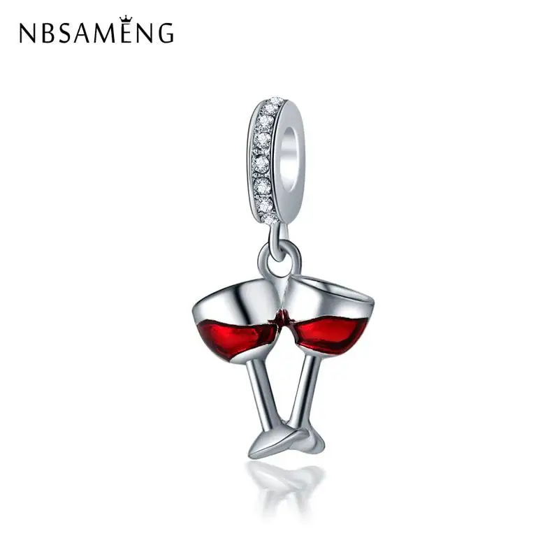 

Original Silver Plated Beads Charm Double Red Wine Glass Cheers Dangle Charms Fit Pandora Bracelet Necklace DIY Women Jewelry