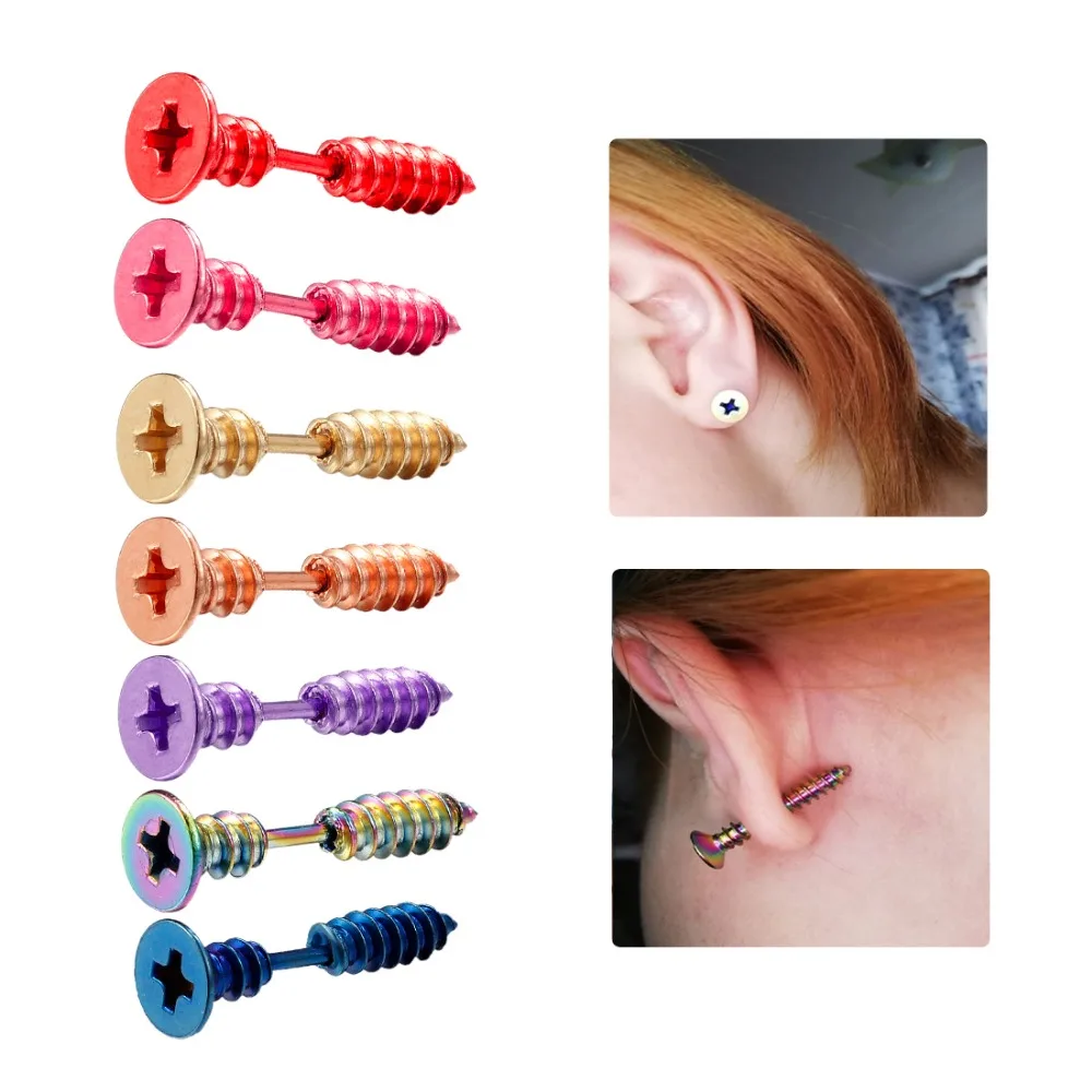

iMucci 1pc Steampunk Screw Stud Earrings Fashion Design Stainless Steel Body Piercing Ear Stud for Men Women Anti Allergic