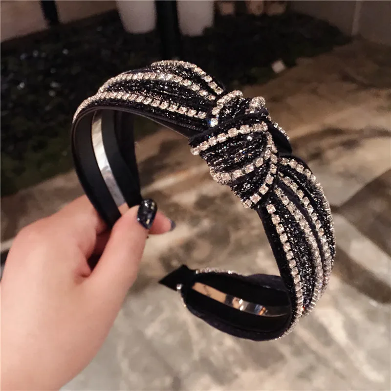 Xugar Hair Accessories Rhinestone Striped Women Hairband Autumn Cross Knot Wide Side Hair Hoop Bride Wedding Headwear - Цвет: 2