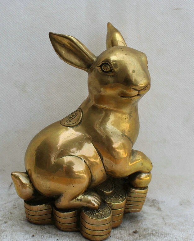 

USPS to USA S1938 10" Chinese Brass Wealth Feng Shui Zodiac Year Rabbit Money sculpture Statue B0401