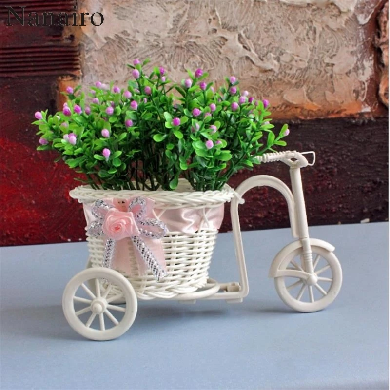 

2016 Hot Sale New Plastic White Tricycle Bike Design DIY Flower Basket Container For Flower Plant Home Weddding Decoration
