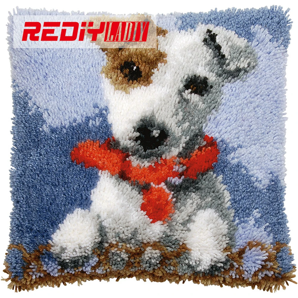 

REDIY LADIY Latch Hook Cushion White Cute Puppy Pillow Sofa Decor Crocheting Yarn Kits for Embroidery Pre-printed Color Canvas