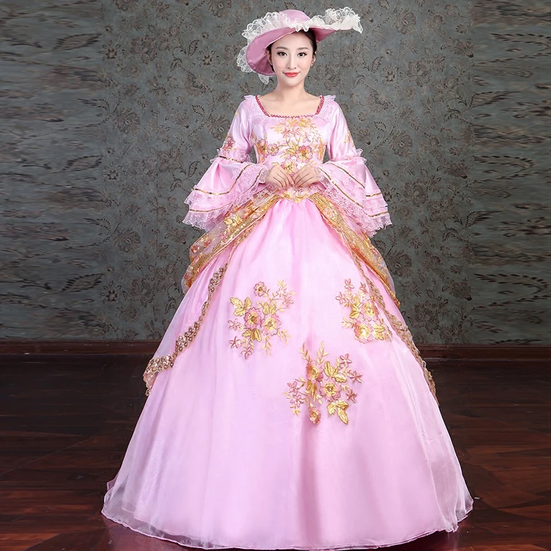 

Pink Square Neck Long Flare Sleeve Marie Antoinette Period Dress Gold Embroidery Masquerade Gowns For Women With Hat