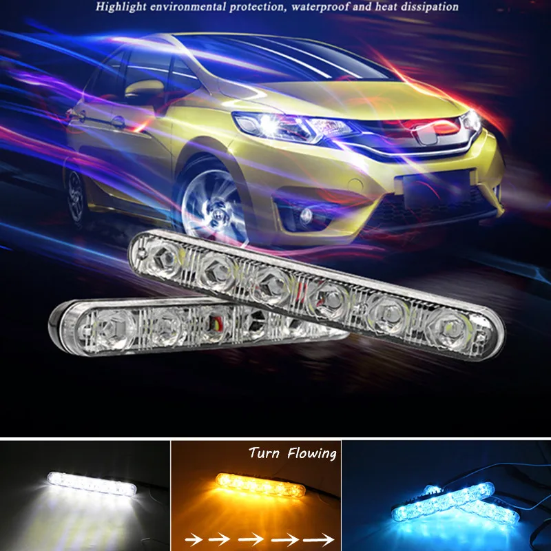 2pc DRL 6 Led 18W Led Car Light White/Ice Blue With Flowing Amber Turn