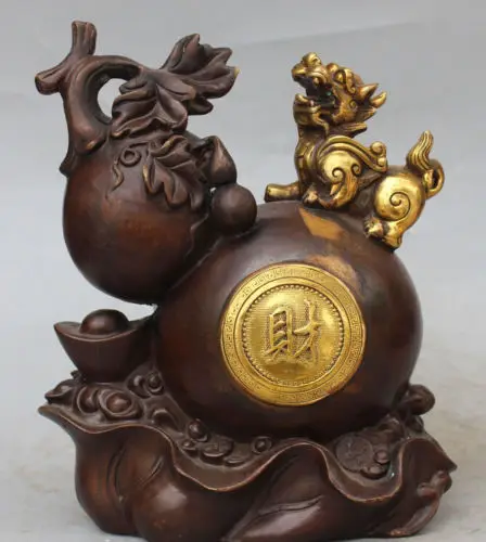 

007015 11" Marked Chinese Bronze Gilt Wealth Pixiu Calabash Cucurbit Gourd Leaf Statue