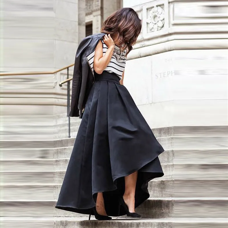 Chic High Low Women Skirt Pleat High Zipper Waist A-line Floor Length Long Maxi Satin Skirts 100% Real Pictures39