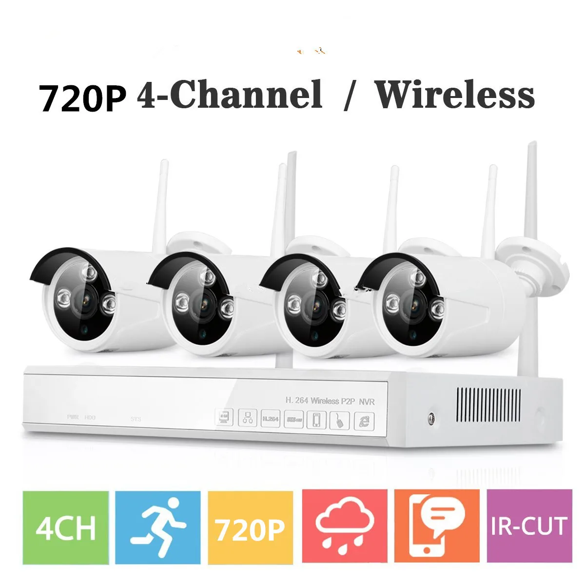 4CH Беспроводной NVR CCTV Системы Wi Fi 1.0MP ИК Открытый Пуля P2P IP Камера
