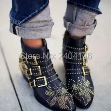 Кожа/замша знаменитости Susanna обувь женщина Туфли с ремешком и пряжкой заклепками Женские ботильоны не сужающийся к низу каблук мотоциклетные ботинки Прямая поставка