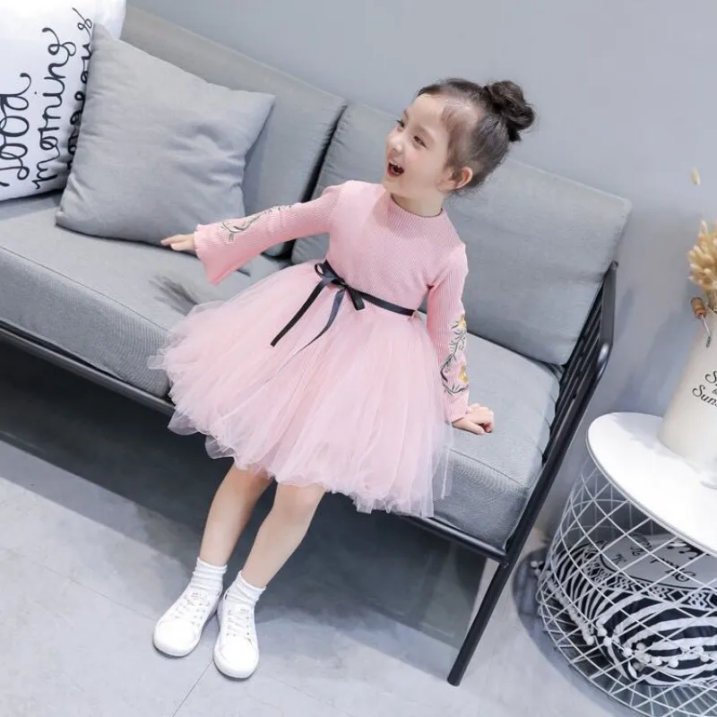 Baby Clothing Flowers Baby Girl Dress Autumn Long Sleeve Flower Bow Kids Dresses For Girls Mesh Princess Wedding Dresses