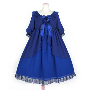 

High Quality Summer O-Neck Short Lantern sleeve Lolita Dresses Halloween Retro Blue Ruffles Ball Gowns For Party Customized