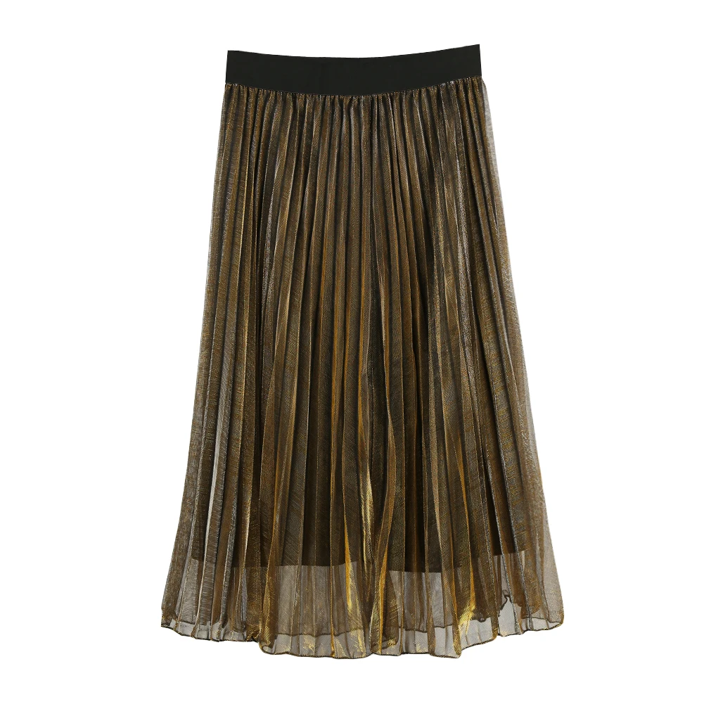 2019 Fashion Women Pleated Long Skirt Elastic High Waist Metallic ...
