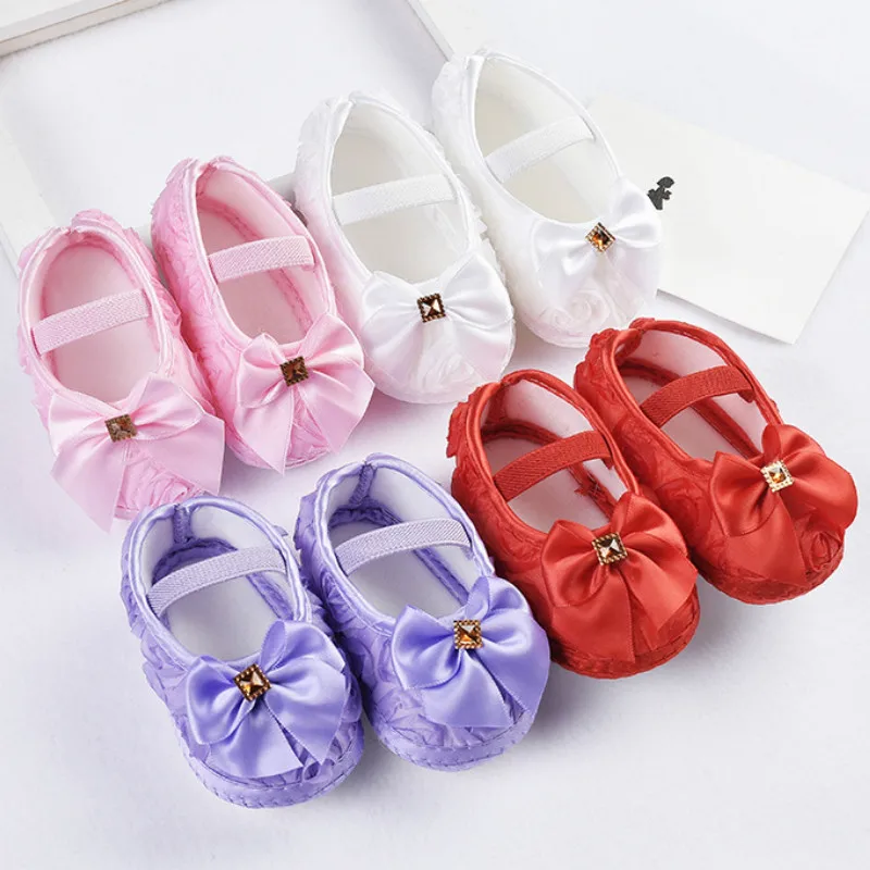 

Baby Girl Shoes Ribbon Bow First Walkers Princess Baby Shoes Rose Flowers Bow Newborn Soft Anti-slip for infant Girls