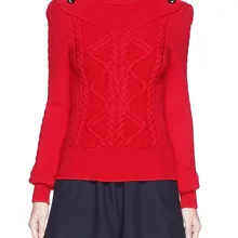 Дизайнерские модные Подиумные женские красные витые шерстяные свитера на плечо с пуговицами, пуловеры с длинным рукавом