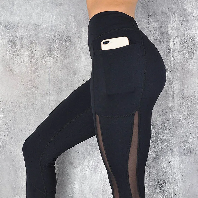 

Pocket Solid Sport Yoga Pants High Waist Mesh Sport Leggings Fitness Women Yoga Leggings Training Running Pants Sportswear Women