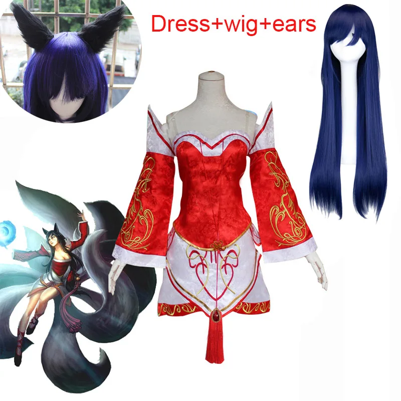 

Hot LOL Ahri Cosplay Costumes The Nine-Tailed Fox Red Dress Women Adults Hallween Carnival Anime clothes outfits Tops Skirts Set