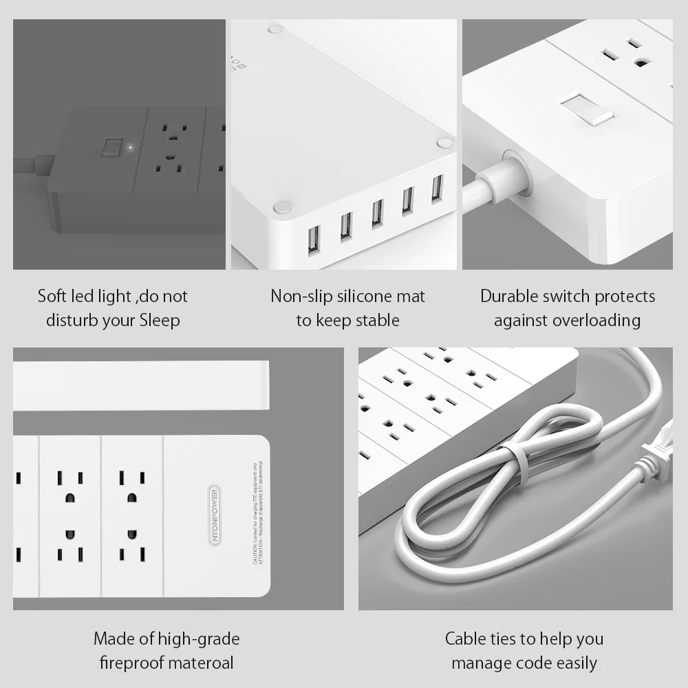NTONPOWER HPC USB Surge Protector ETL Listed US Plug 8AC Outlet with USB Charger 5 Port 2.4A Smart Fast Charging-1.5M Power Cord