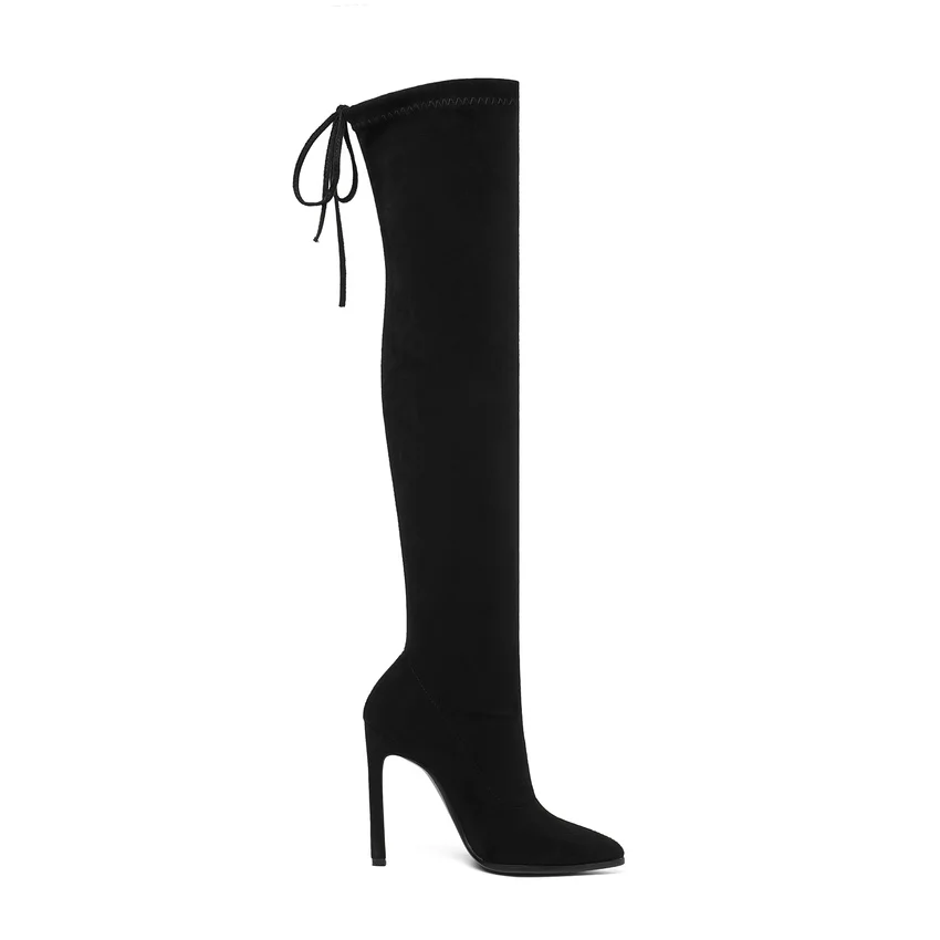 QUTAA Women Boots Lace Up Over The Knee Boots Fashion Pointed Toe Thin High Heel Winter Woman Shoes Long Boot Size 34-43