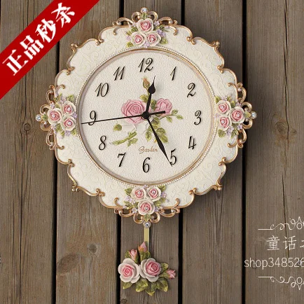 

big size free ship wall clock romantic rose garden mute swing flowers morden new design resin craft