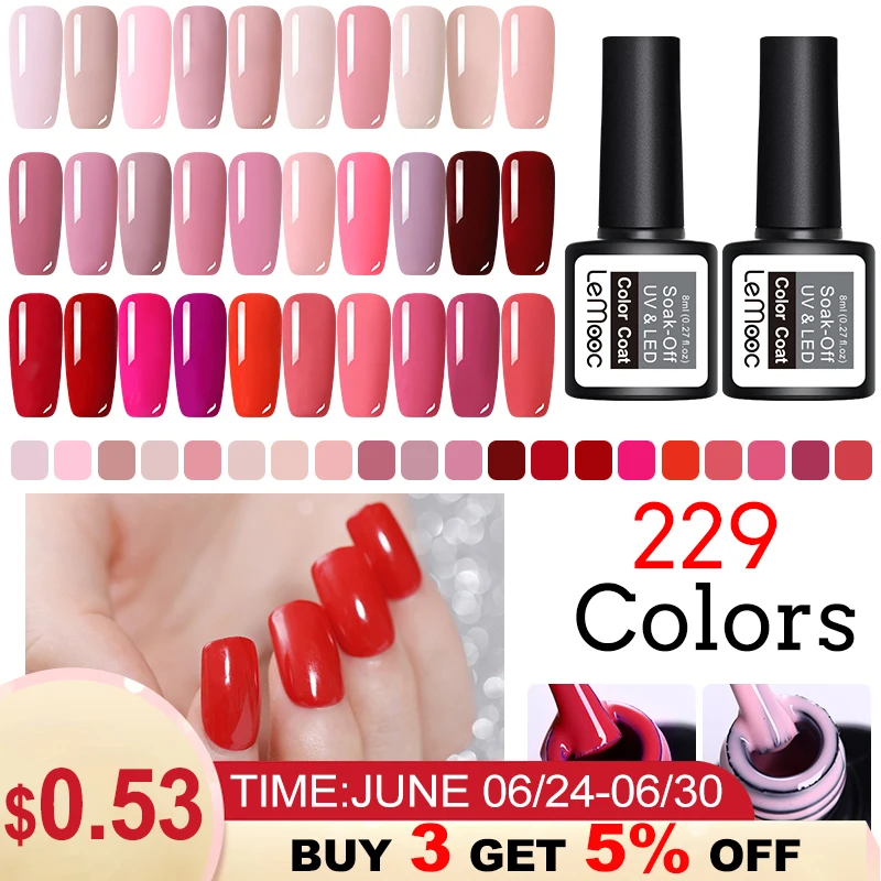 

LEMOOC 8ml Gel Nail Art Polish Varnish For Manicure UV 229 Colors Vernis Semi Permanent Hybrid Nail Gel Lak Top Primer Base