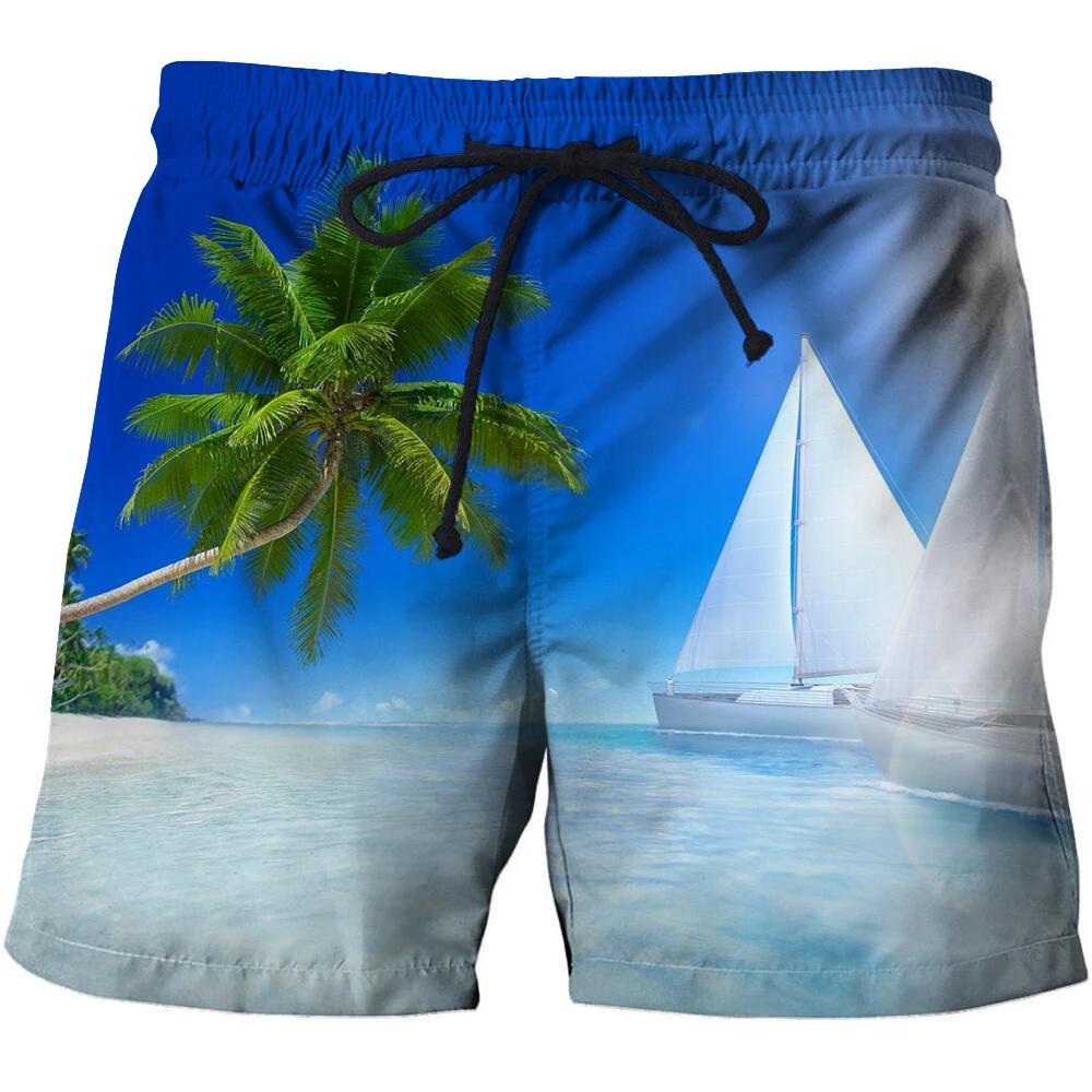 Свободные мужские шорты с эластичной резинкой на талии, быстросохнущие дышащие шорты для бодибилдинга и 3D-принтера, летние шорты с кокосовой пальмой, пляжные мужские шорты