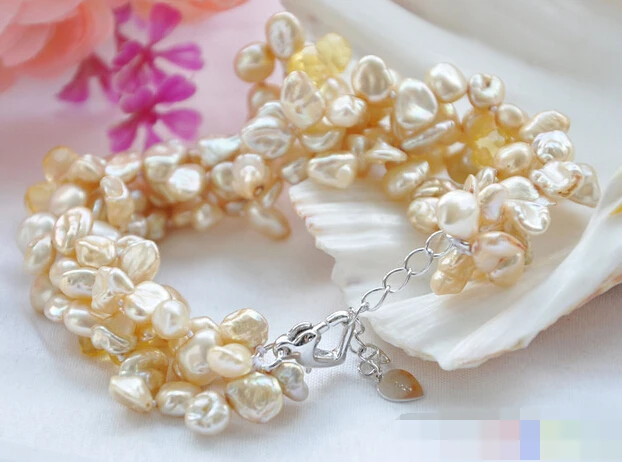 

FREE SHIPPING>>>@@ > 01376 4row champagne lamina keshi pearl drip faceted citrine bracelet