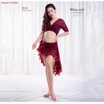 

New Arrival Summer 2 piece Bellydance Mesh Suit top+Long Skirt Sexy Sweet Dancer Practice Blue Black Red