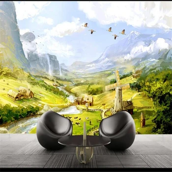

beibehang Senior silk cloth wallpaper painting idyllic European landscape HD oil painting living room background papier peint
