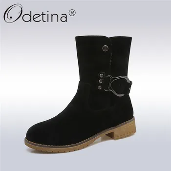 

Odetina 2019 New Fashion Ankle Boots Buckle Strap For Women Casual Square Low Heels Shoes Ladies Slip on Short Boots big size 43
