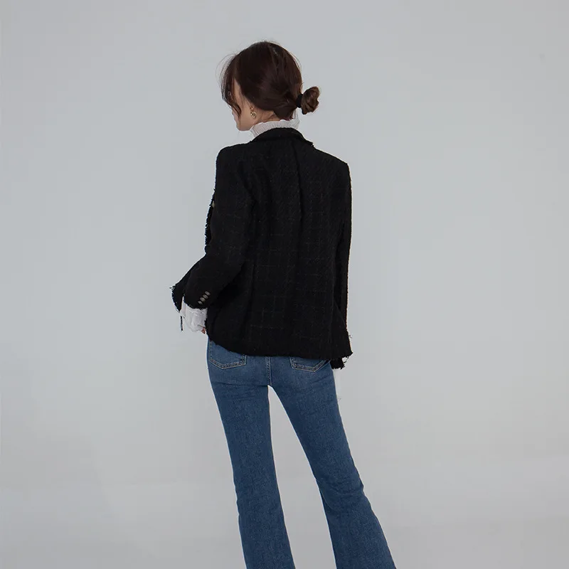 Women's Clothes Spring Retro Tweed Wool Trim Jacket Double Breasted Woman Clothes black Women Coat and Jackets 2019
