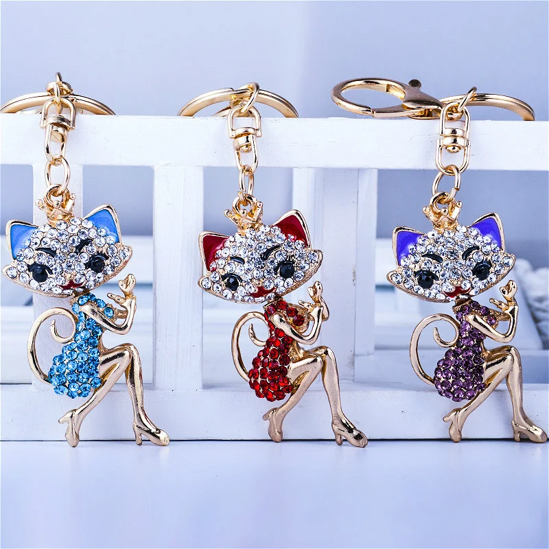 

Grace Crown Lipstick Cat Lady Crystal Rhinestone HandBag Pendant Keyring Keychain Charm For Car Key Chain for Women Jewelry
