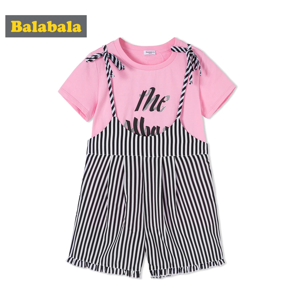 

Balabala Girls 2-Piece 100% Cotton Short-sleeved T-shirt with Ribbed Crewneck + Striped Bib Overalls with Ruffled Hem Set Outfit