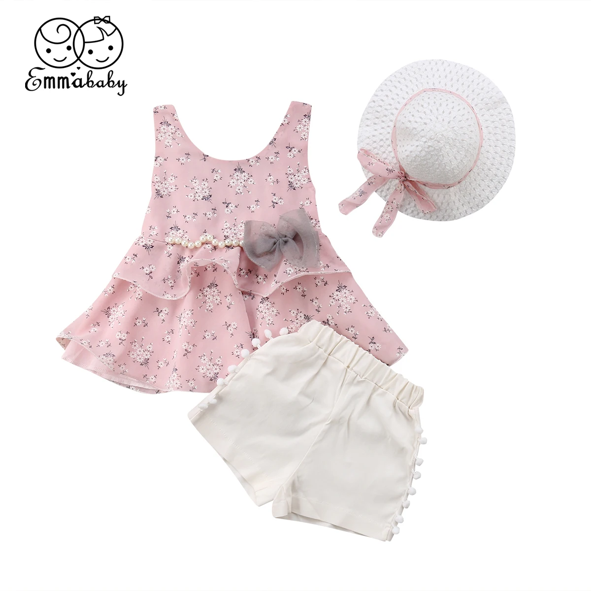 Short Pant 3PCS Sets Clothes 2-7Years Kid Girl Summer Floral Hat Chiffon Top