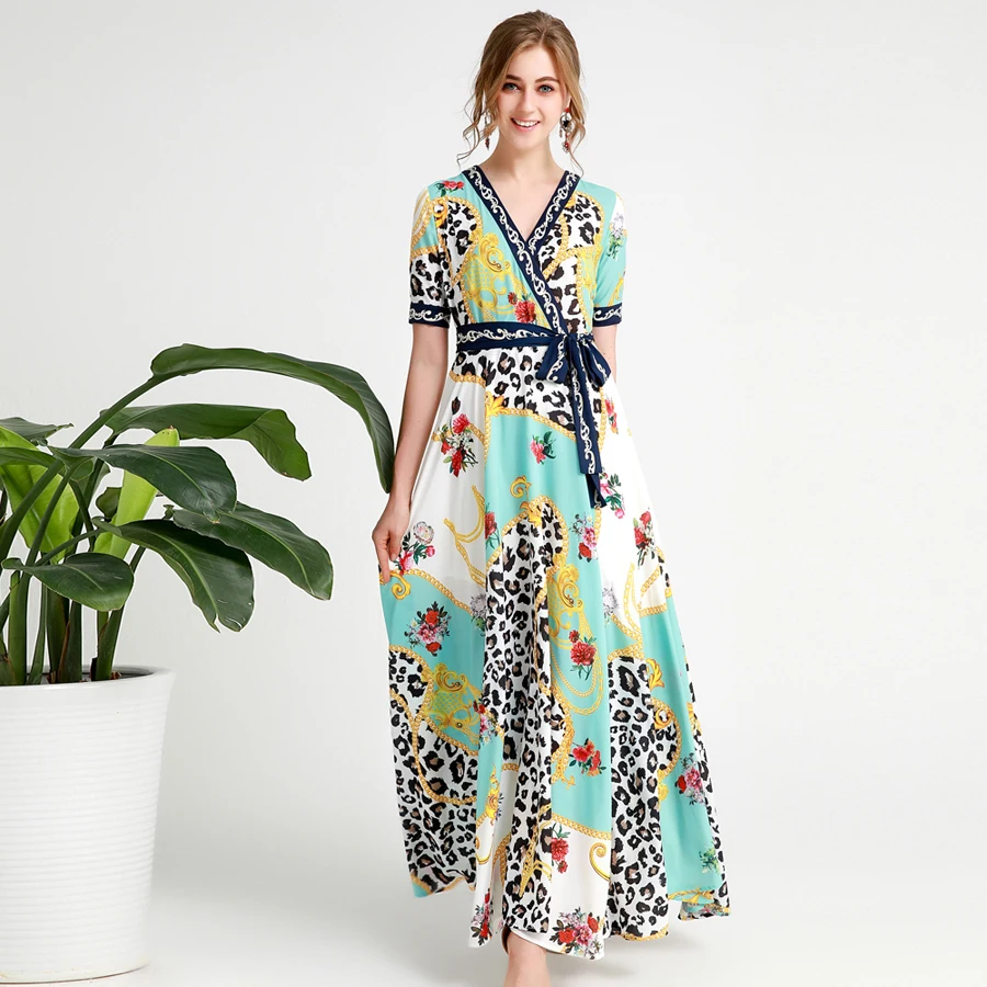 

Red RoosaRosee Runway Designer Women Sexy V Neck Flower Print Short Sleeve Long Maxi Dress Elegant Party Dresses Vestidos Robe