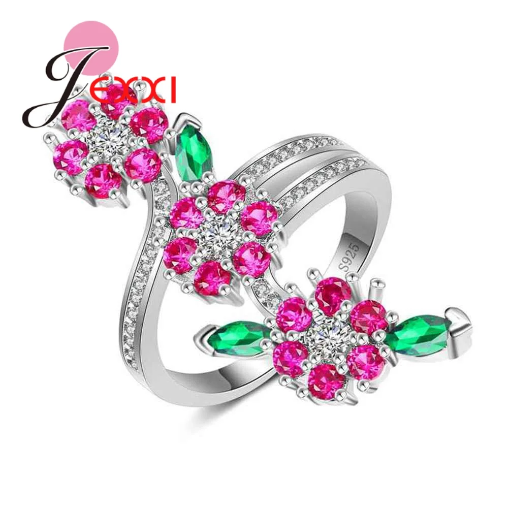 

Noval Romantic Colorful Cubic Zirconia Flowers 925 Sterling Silver Finger Rings for Women Girls Wedding Jewelry
