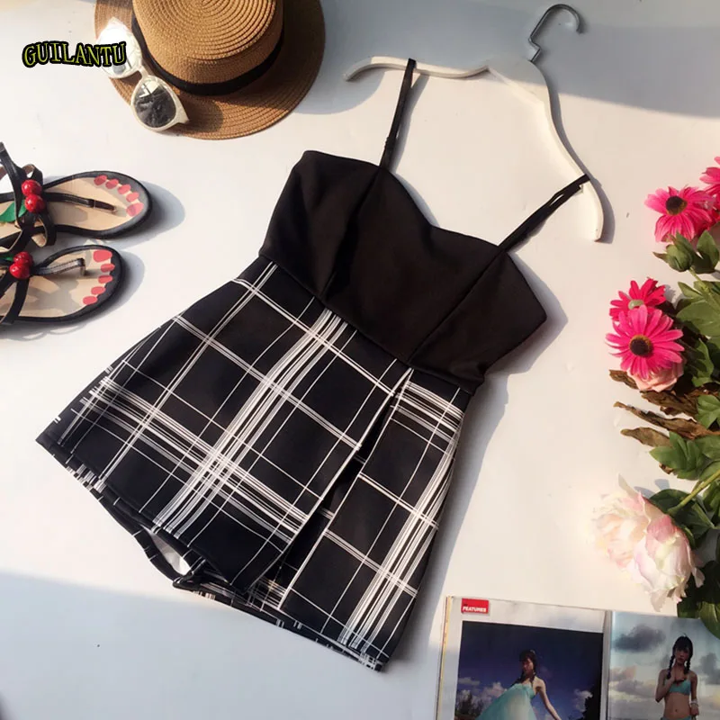 

Fashion Elegant Halter Wide Leg Jumpsuit Women Short Sexy Plaid Print Playsuits Female Casual Black Bodysuits Overalls Romper