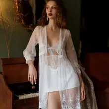 Женский комплект из 2 предметов, халат из вискозы, белое кружевное винтажное платье принцессы, атласное шелковое ночное белье, домашняя одежда