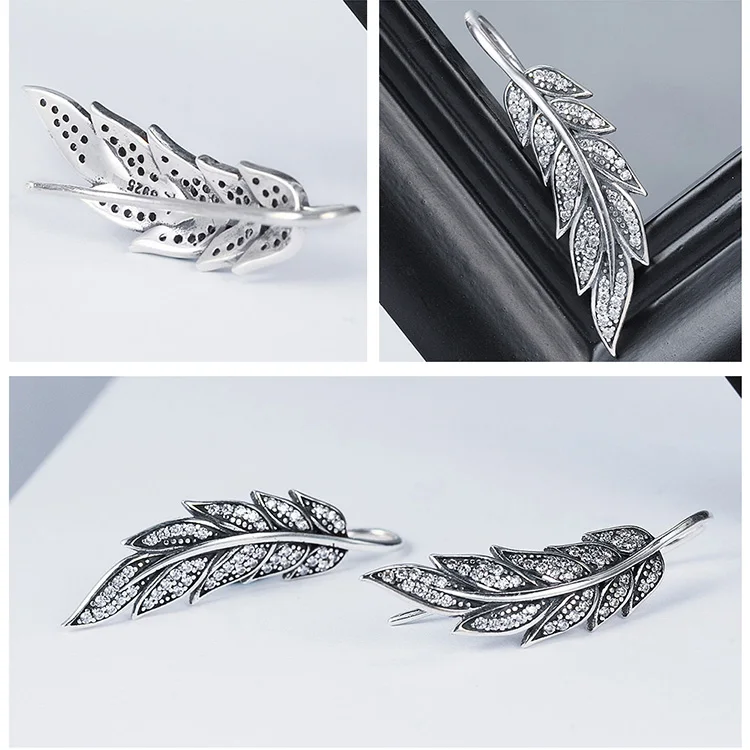 Vintage 925 Sterling Silver Brincos Korean Angel Wings Feather Drop Earrings Women Fashion Sterling Silver Wedding Earrings