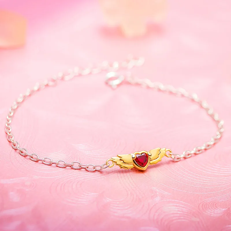 S925 карты Captor Sakura Kinomoto Сакура Красное сердце с золотыми крыльями браслет ручной