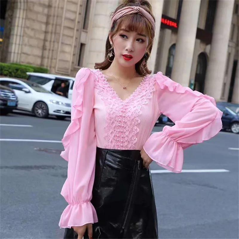 

Spring Women Hollow Out Lace Blouse Sexy V-Neck Beading Chiffon Shirt Female Casual Ruffles Long Sleeve Blouses Shirt Tops A1380