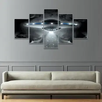 

Laeacco UFO Science Fiction Canvas Painting Calligraphy 5 Panel Posters and Prints Abstract Wall Art Living Room Home Decoration